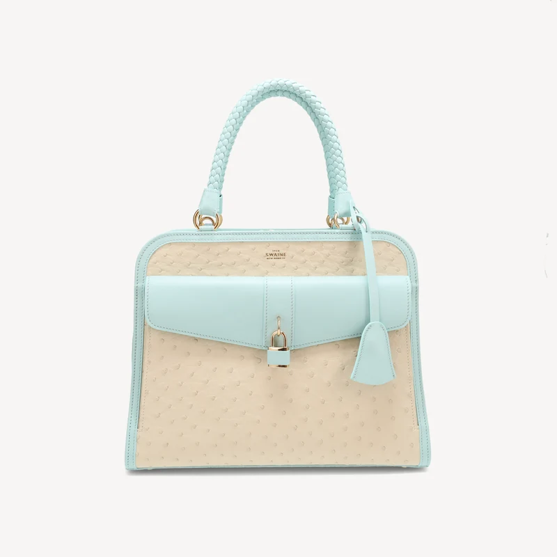 Bel-Air Handtasche – Straußenleder (poliertes Messing) Blau und Weiß