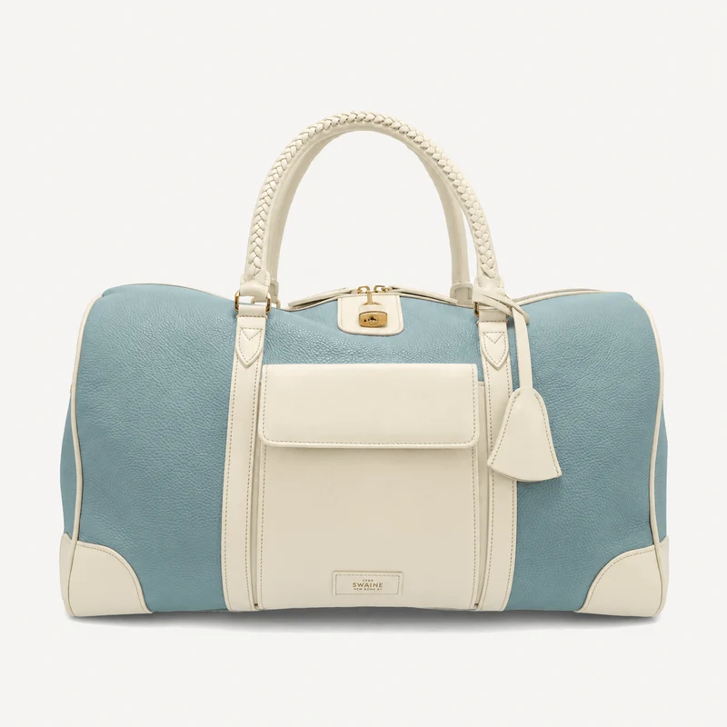 Pool-Reisetasche – Blaues Kiesel- und elfenbeinfarbenes Kalbsleder (poliertes Messing)