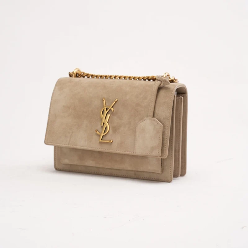 Saint Laurent Wildledertasche „Sunset“, klein, dunkelbeige, 2023