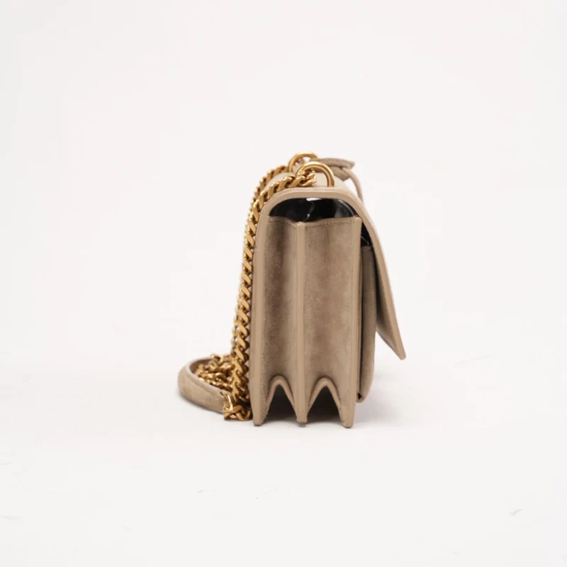 Saint Laurent Wildledertasche „Sunset“, klein, dunkelbeige, 2023