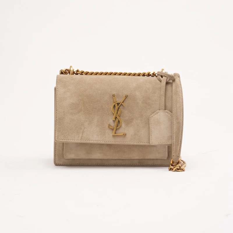 Saint Laurent Wildledertasche „Sunset“, klein, dunkelbeige, 2023