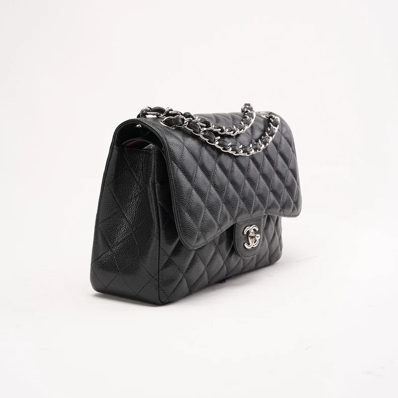 Chanel Schwarze Jumbo-Ledertasche mit doppeltem Überschlag aus Caviar-Leder, Modell 2011