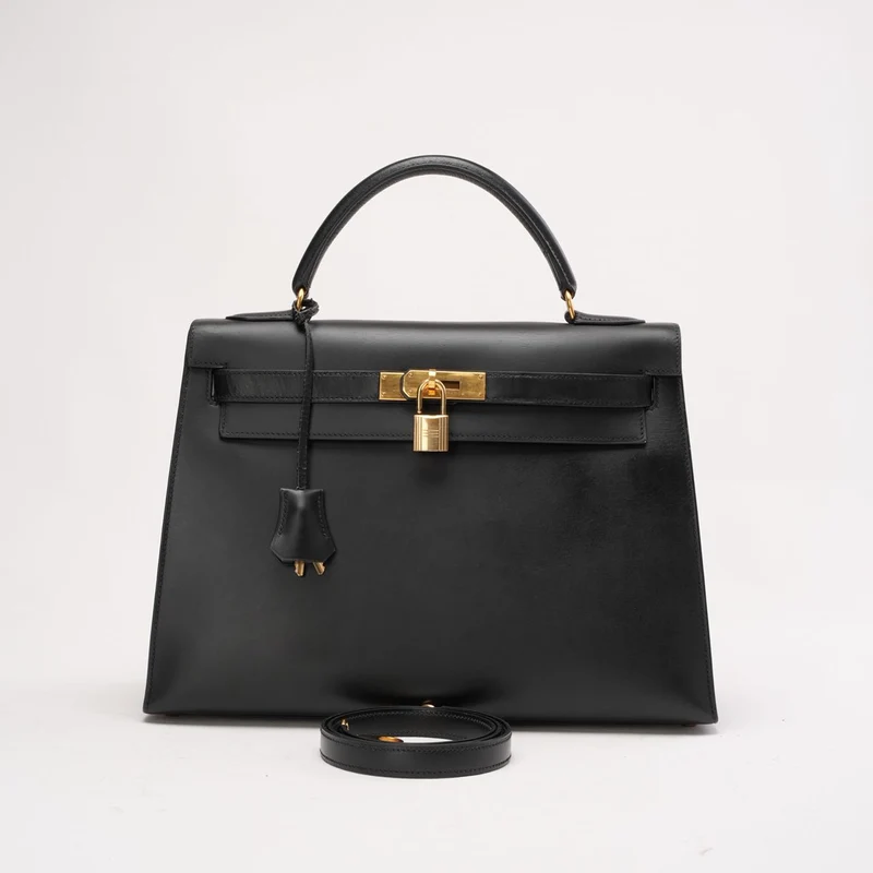 Hermès Vintage Kelly Sellier 32 Box Leder Schwarz W Kreis 1993
