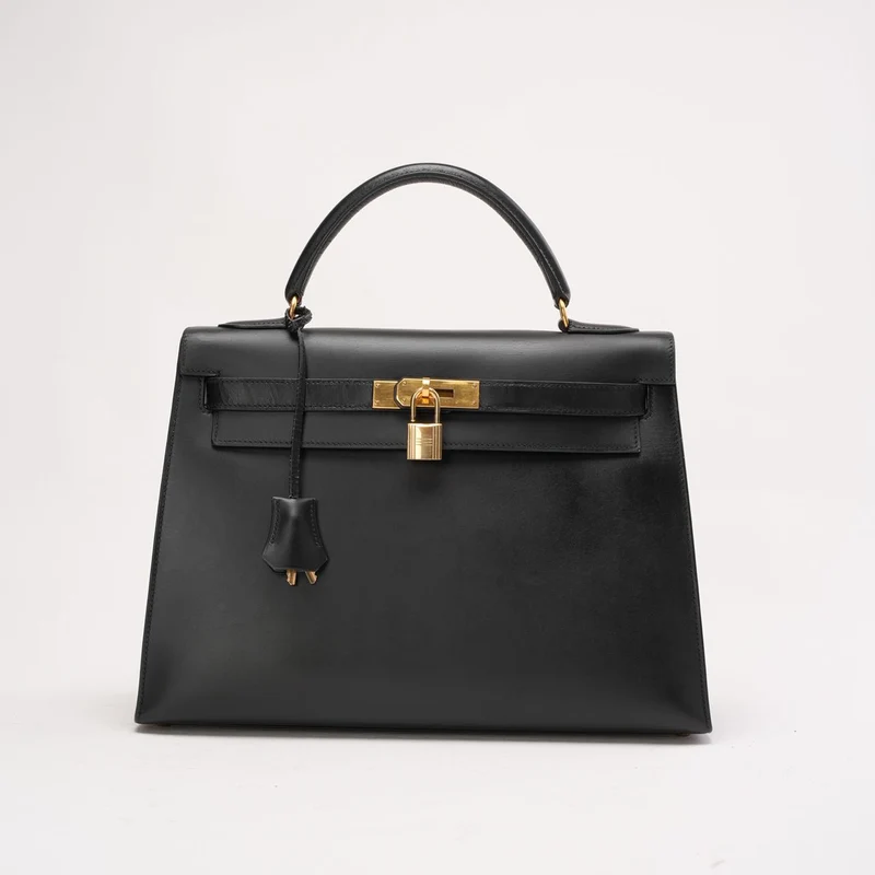 Hermès Vintage Kelly Sellier 32 Box Leder Schwarz W Kreis 1993