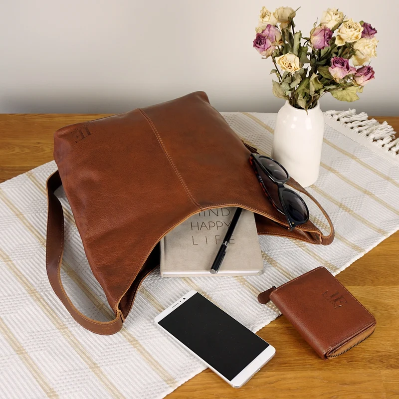 mittlere Umhängetasche Schultertasche Beuteltasche Damentasche Leder braun LE0072