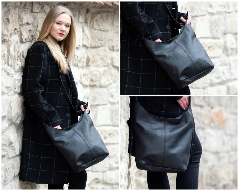 große Umhängetasche Schultertasche Beuteltasche Damentasche Leder schwarz LE0055