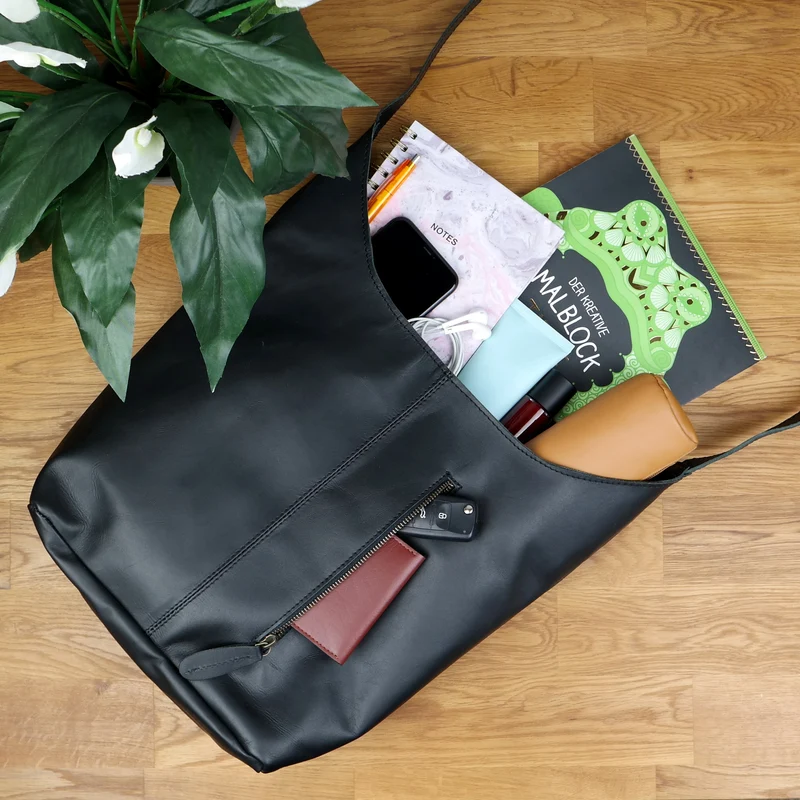 große Umhängetasche Schultertasche Beuteltasche Damentasche Leder schwarz LE0055
