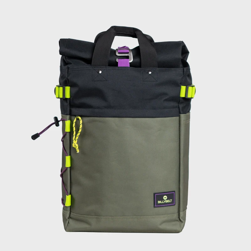 Roll-Top Rucksack aus 100% recyceltem Polyester - Khaki und Schwarz