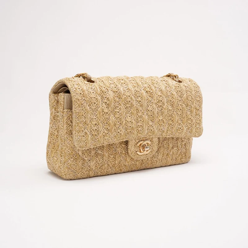 Chanel Raffia Classic Double Flap Beige 2018