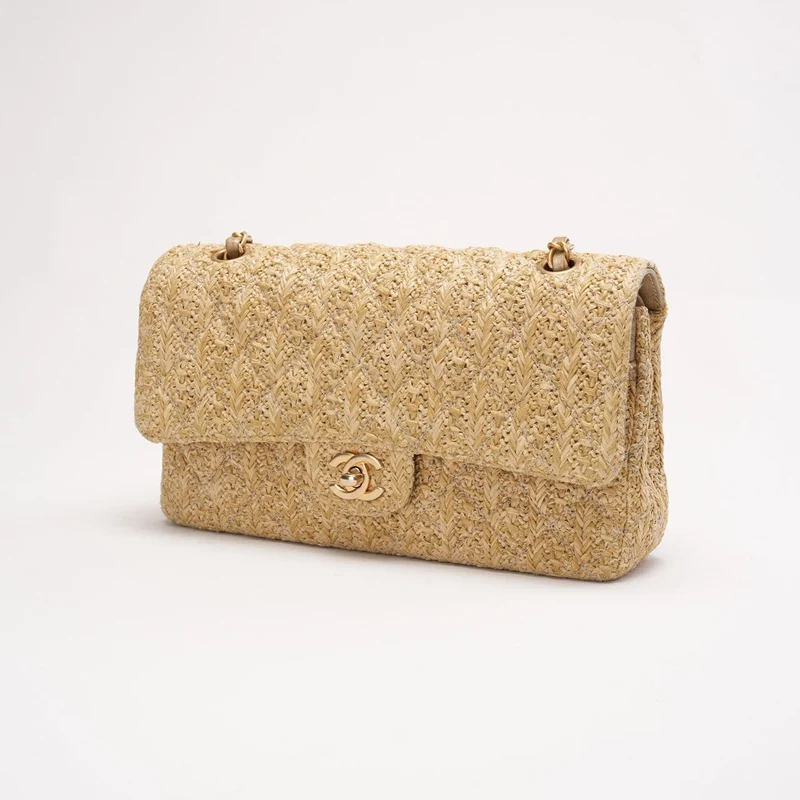 Chanel Raffia Classic Double Flap Beige 2018