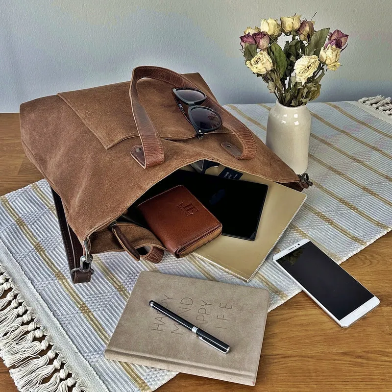 großer Shopper Schultertasche Damen XL Ledertasche Veloursleder braun LE0077