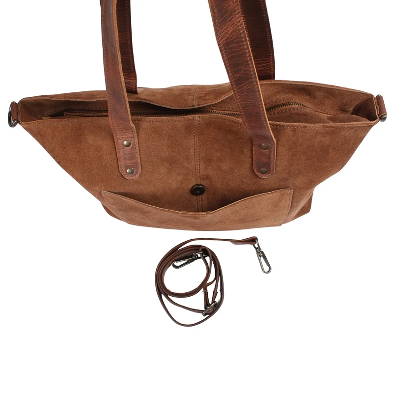 großer Shopper Schultertasche Damen XL Ledertasche Veloursleder braun LE0077