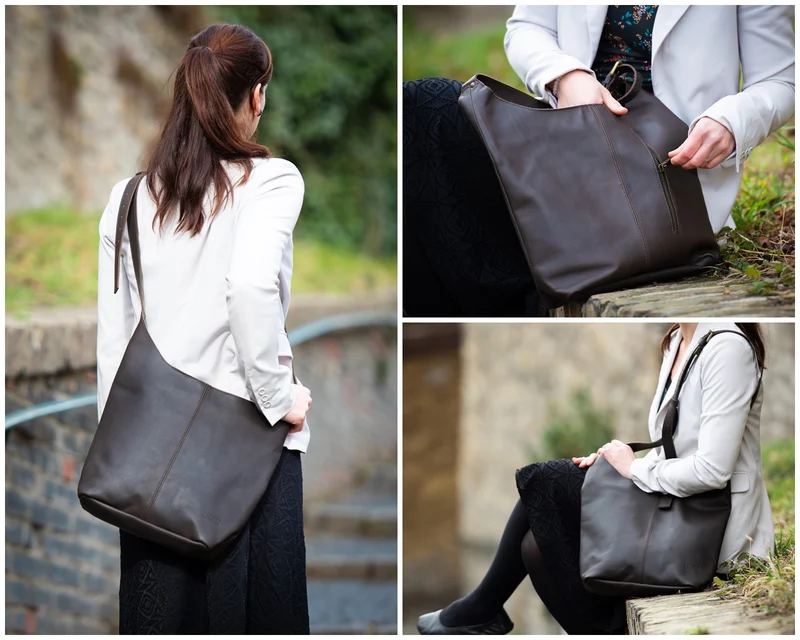 B-Ware große Umhängetasche Schultertasche Beuteltasche Damentasche Leder dunkelbraun LE0055