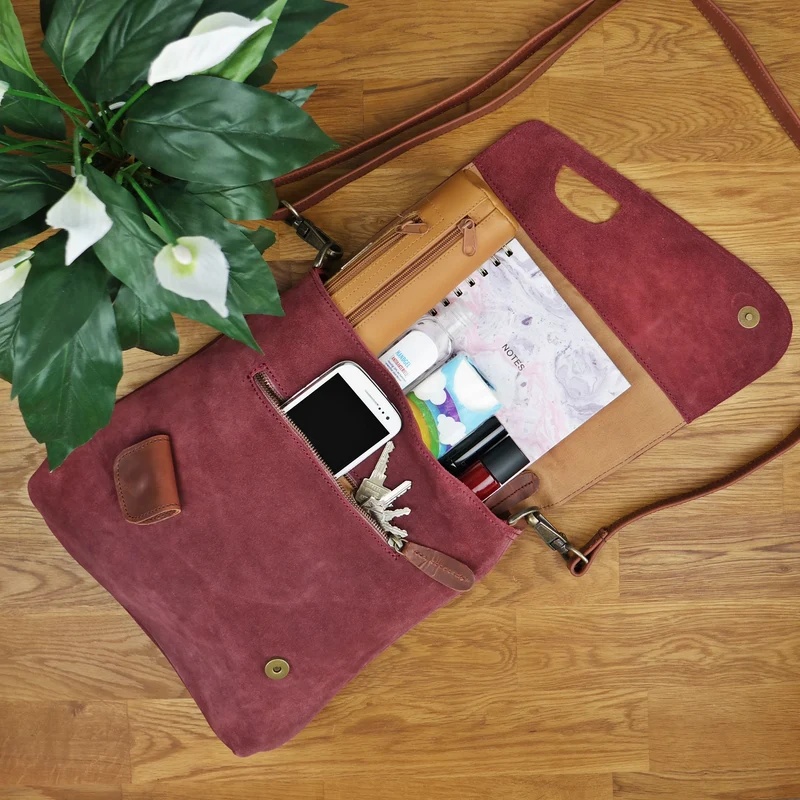 Umhängetasche Ledertasche Damen Schultertasche Wildleder bordeaux LE3027