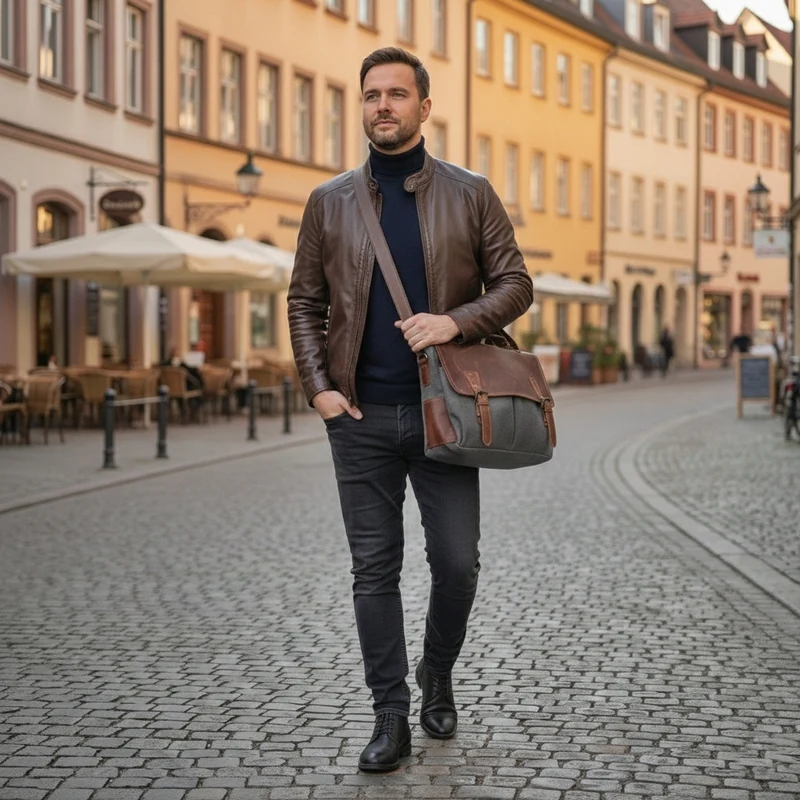 Messenger Bag Din A4 Kuriertasche Leder Canvas grau LE3018