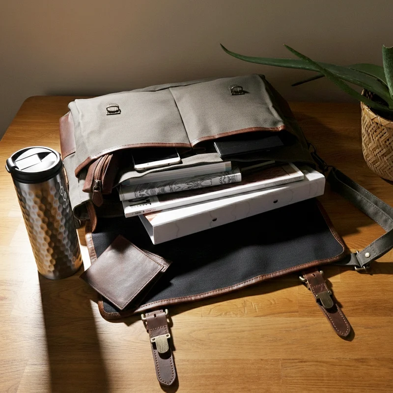Messenger Bag Din A4 Kuriertasche Leder Canvas grau LE3018