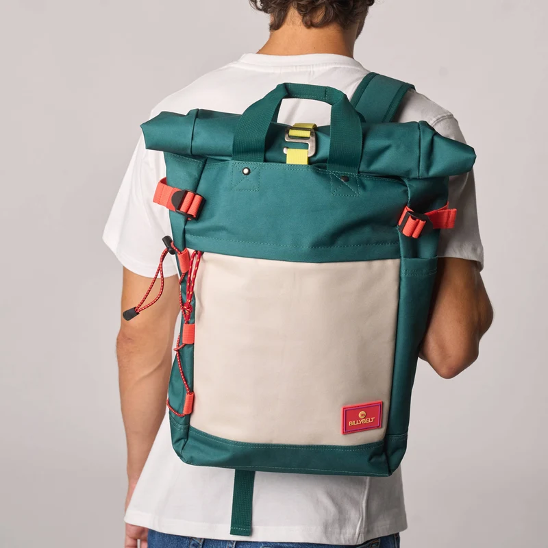 Roll-Top Rucksack aus 100% recyceltem Polyester - Grün und Elfenbein