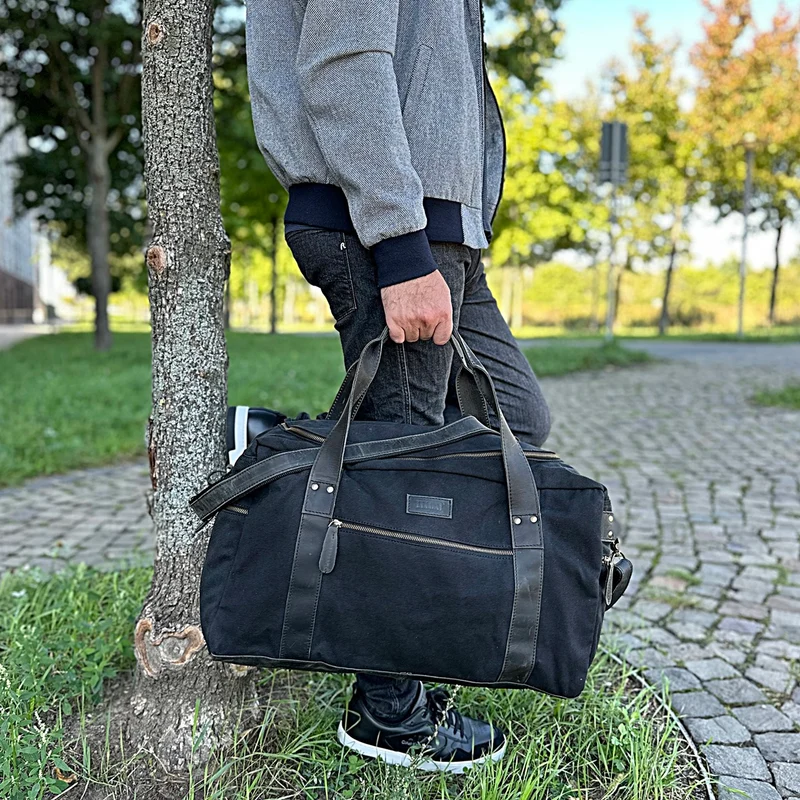 Weekender Sporttasche Reisetasche Damen Herren Leder Canvas 55cm schwarz LE2014