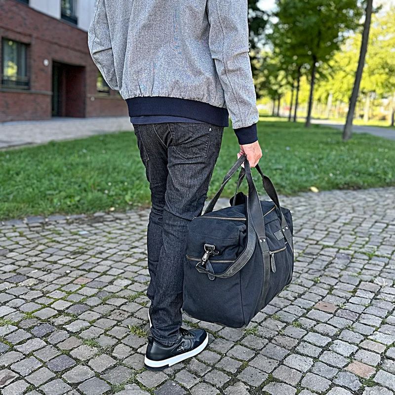 Weekender Sporttasche Reisetasche Damen Herren Leder Canvas 55cm schwarz LE2014