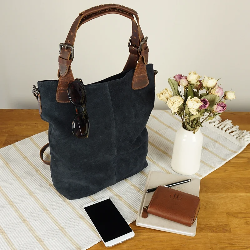 Schultertasche Henkeltasche Shopper Damentasche Veloursleder Leder anthrazit LE0054