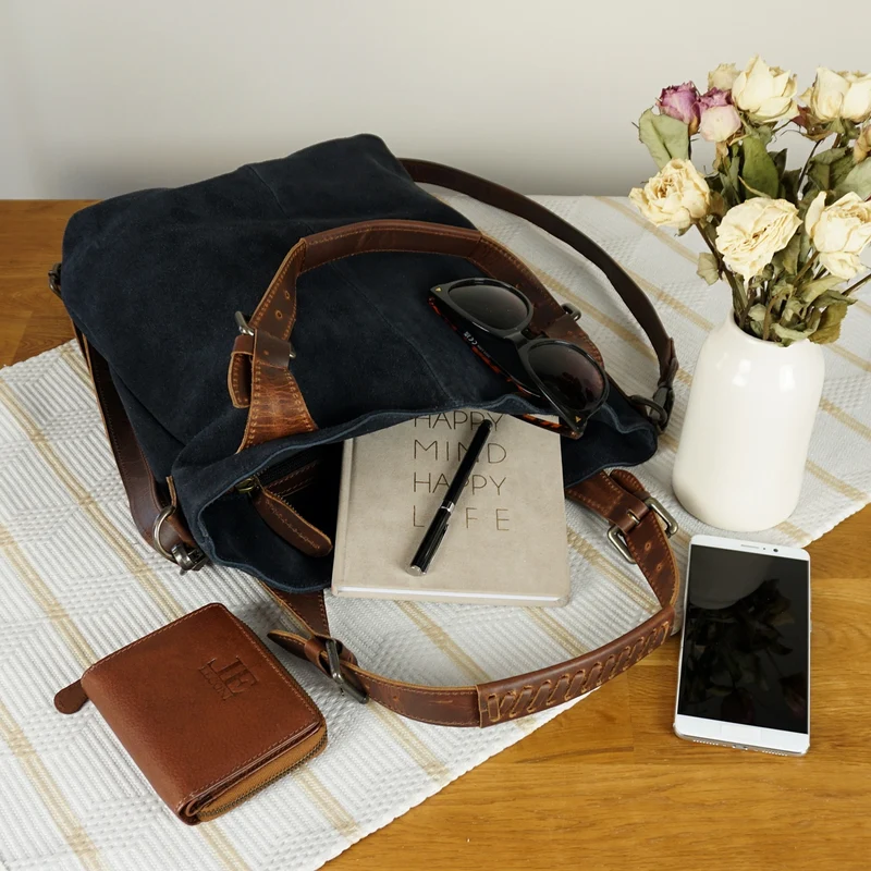 Schultertasche Henkeltasche Shopper Damentasche Veloursleder Leder anthrazit LE0054