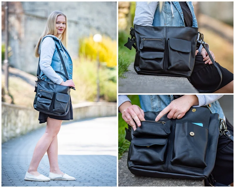 B-Ware Schultertasche Umhängetasche Ledertasche Leder schwarz LE0039