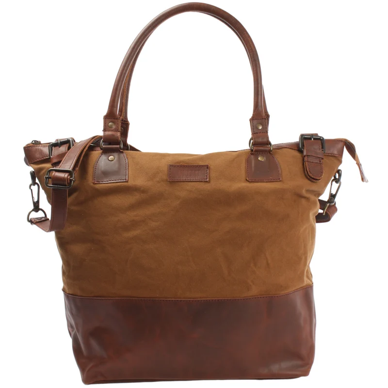 B-Ware XXL Shopper Schultertasche Beuteltasche Leder Canvas cognac LE2005