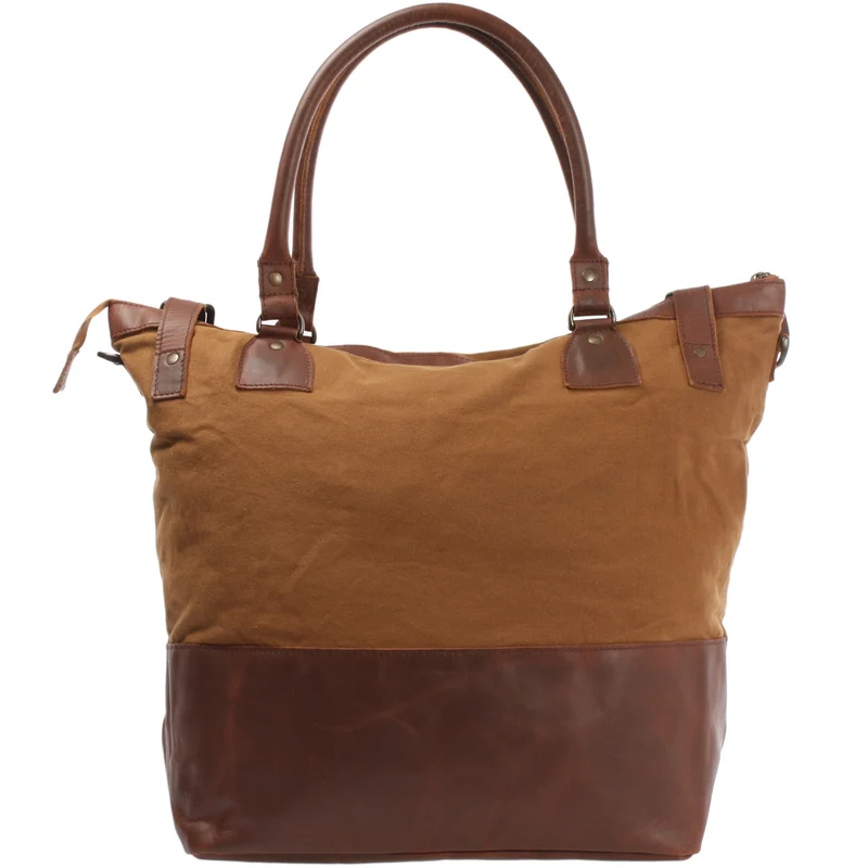 B-Ware XXL Shopper Schultertasche Beuteltasche Leder Canvas cognac LE2005