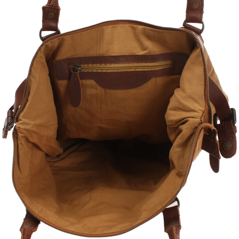 B-Ware XXL Shopper Schultertasche Beuteltasche Leder Canvas cognac LE2005