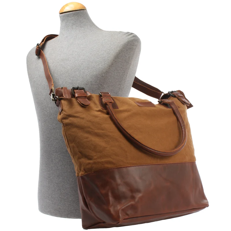 B-Ware XXL Shopper Schultertasche Beuteltasche Leder Canvas cognac LE2005