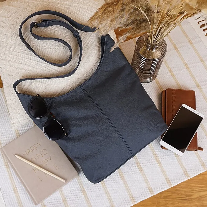 mittlere Umhängetasche Schultertasche Beuteltasche Damentasche Leder navy LE0072