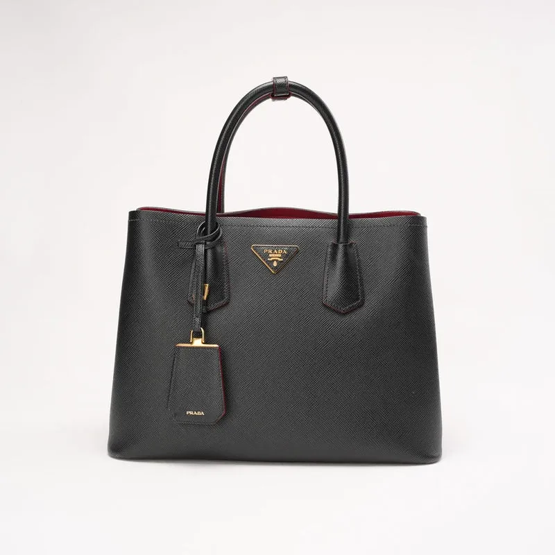Prada Saffiano Leder Schwarz/Rot Große Doppeltasche Goldbeschläge