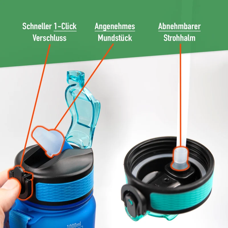MOTIWATER Trinkflasche mit motivierenden Sprüchen & Uhrzeit - Variante: Grün (Schrift schwarz)