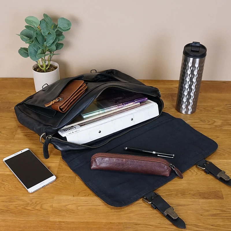 Messenger Bag Collegetasche DIN A4 Aktentasche Leder schwarz LE3029