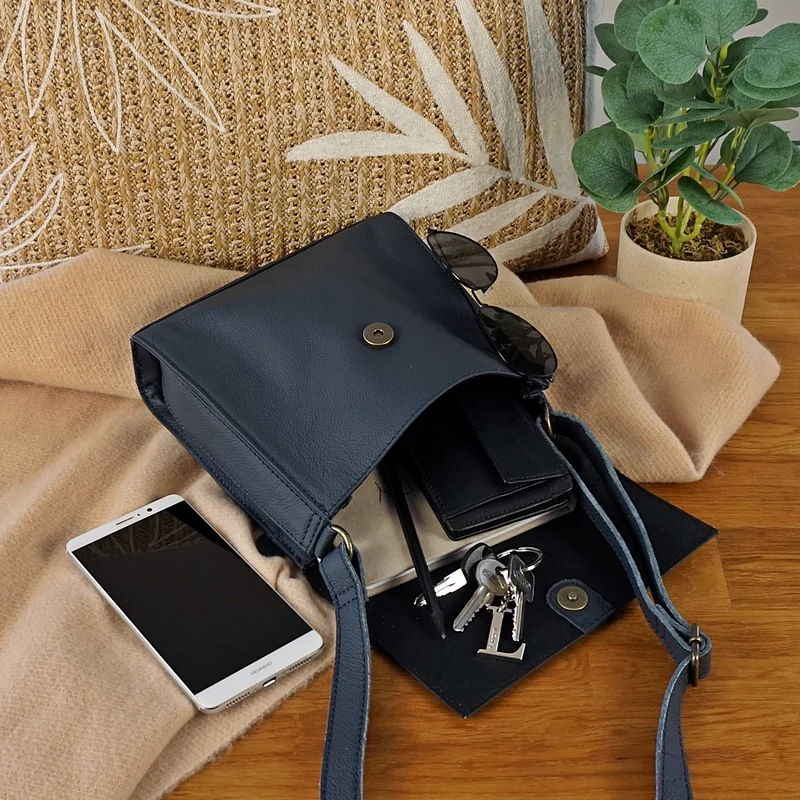 kleine Schultertasche Umhängetasche Damentasche Leder navy LE3082