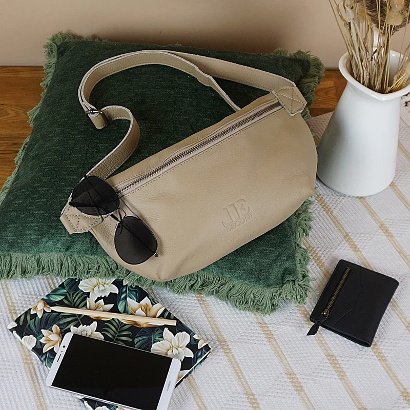 große Bauchtasche Umhängetasche Crossbody Ledertasche Leder sand LE3088