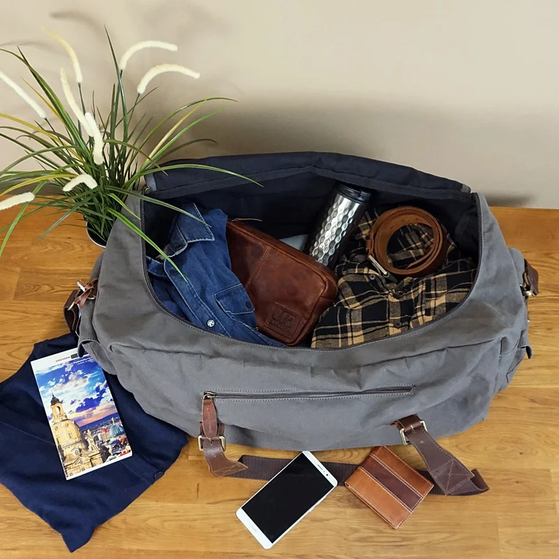 großer Weekender Reisetasche Sporttasche Damen Herren Leder Canvas 60cm grau LE2019