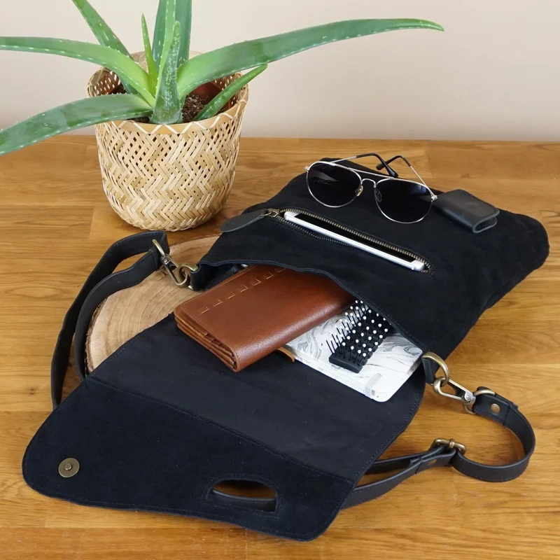 Umhängetasche Schultertasche Veloursleder Leder schwarz LE3027