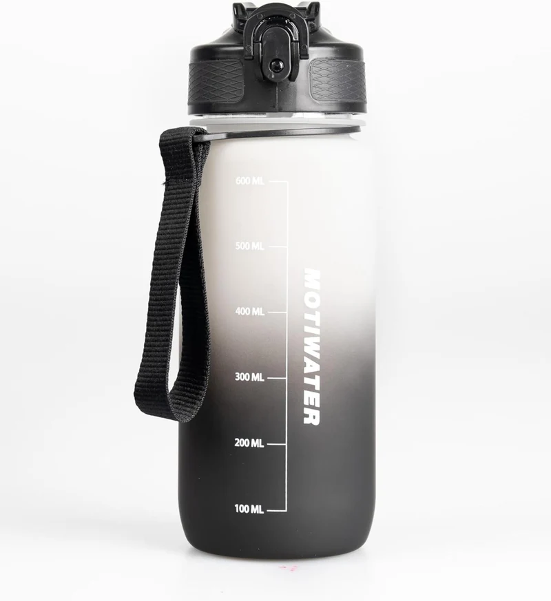 MOTIWATER 600ml Trinkflasche Small mit motivierenden Sprüchen & Uhrzeit - Variante: Schwarz / Weiss