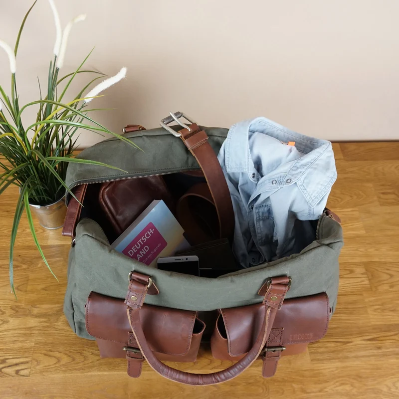 Weekender Handgepäck Reisetasche Canvas Leder 47cm grün LE2012