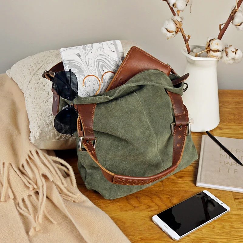 Schultertasche Henkeltasche Shopper Damentasche Veloursleder Leder grün LE0054