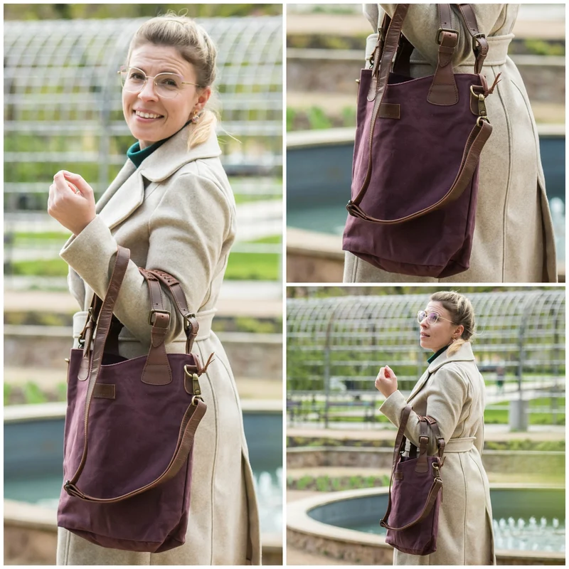 Schultertasche Umhängetasche Henkeltasche Shopper Damentasche Canvas Leder bordeaux LE0054