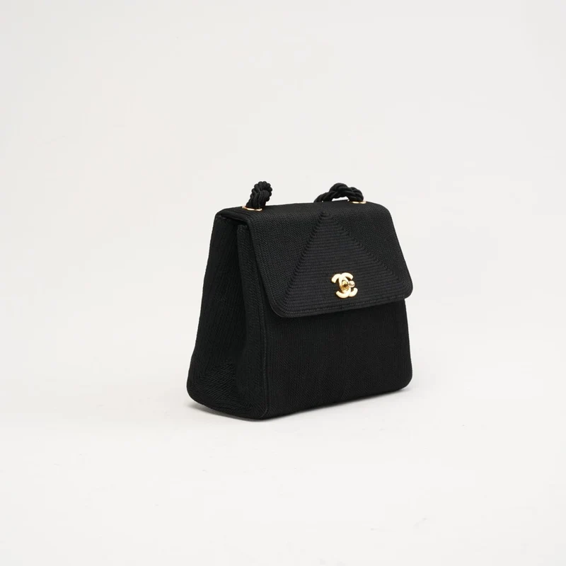 Chanel Vintage Mini Kelly Flap Bag aus Seidenseil, schwarz, 1997