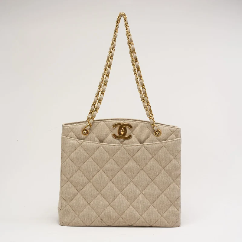 Chanel Vintage Leinen Coco Mark Ketten-Schultertasche Beige 1996
