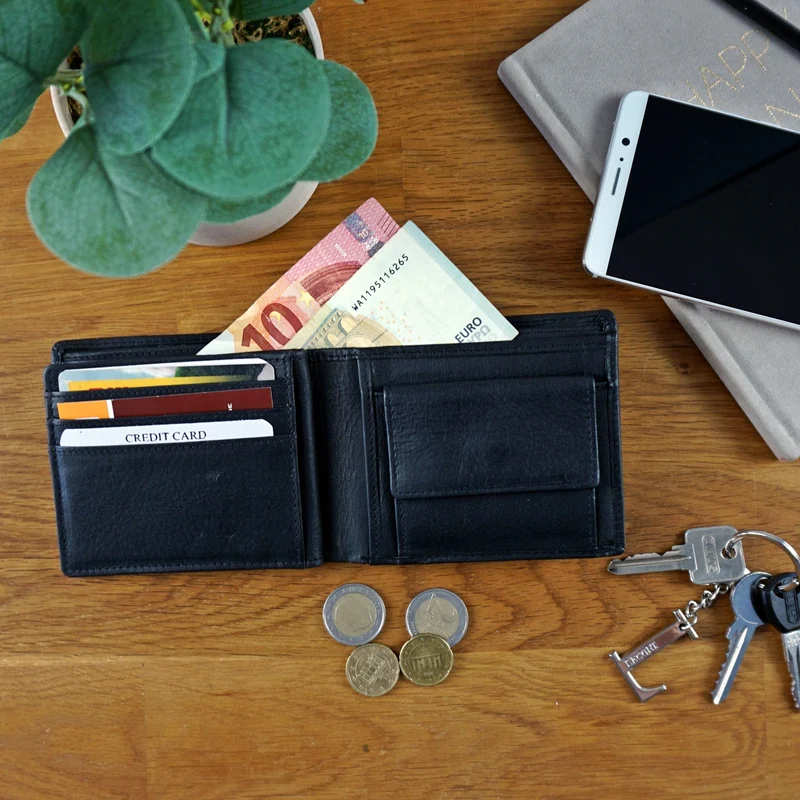 kompakte Geldbörse für Herren Portemonnaie RFID Leder schwarz LE9034