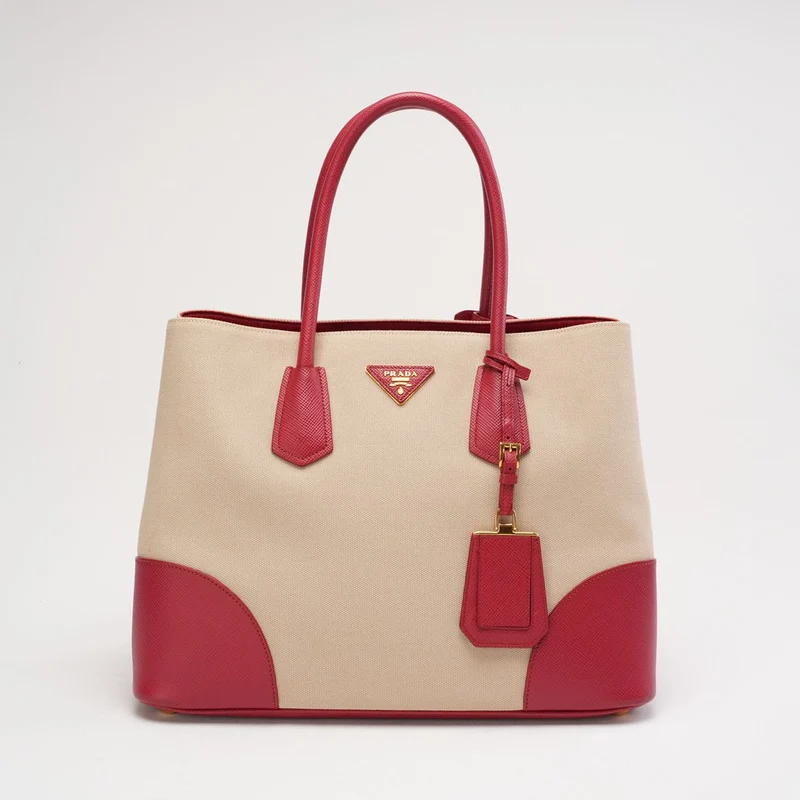 Prada Beige und Rot Canapa Saffiano Doppeltasche