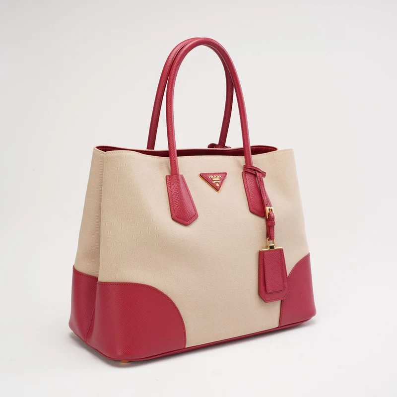 Prada Beige und Rot Canapa Saffiano Doppeltasche
