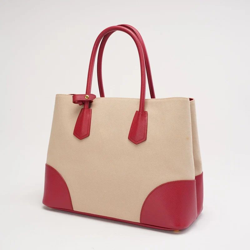 Prada Beige und Rot Canapa Saffiano Doppeltasche