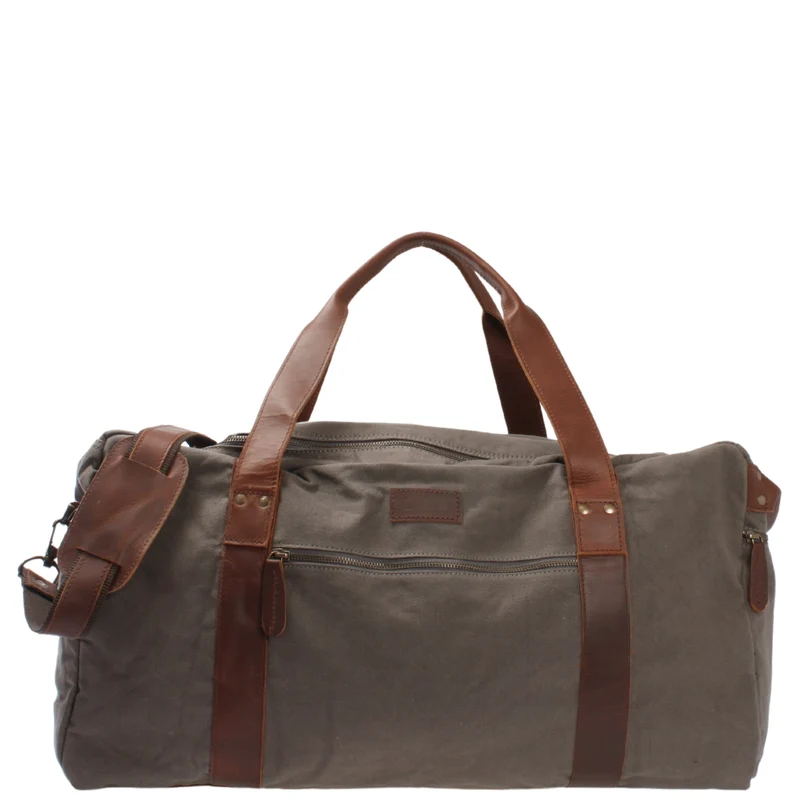 großer Weekender Sporttasche Reisetasche Damen Herren Leder Canvas 60cm grau LE2025