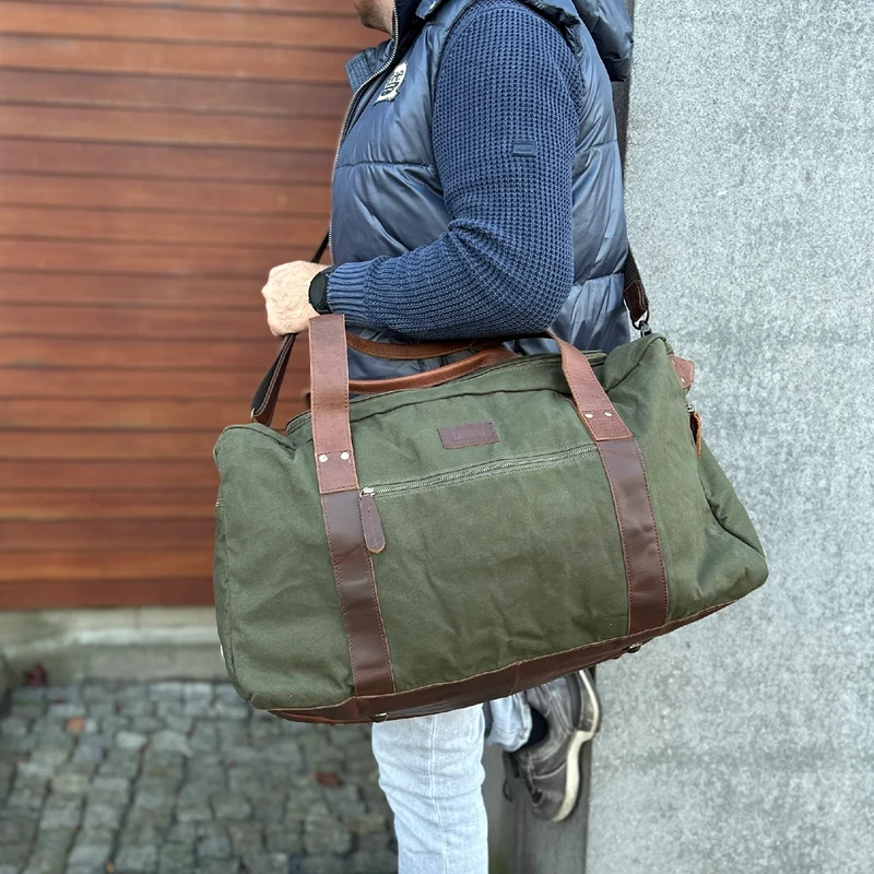 großer Weekender Sporttasche Reisetasche Damen Herren Leder Canvas 60cm grün LE2025